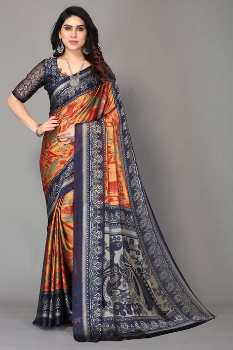 Blue Chiffon printed Saree