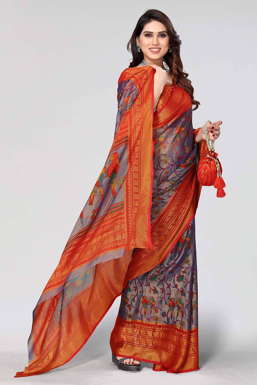 Red Chiffon printed Saree