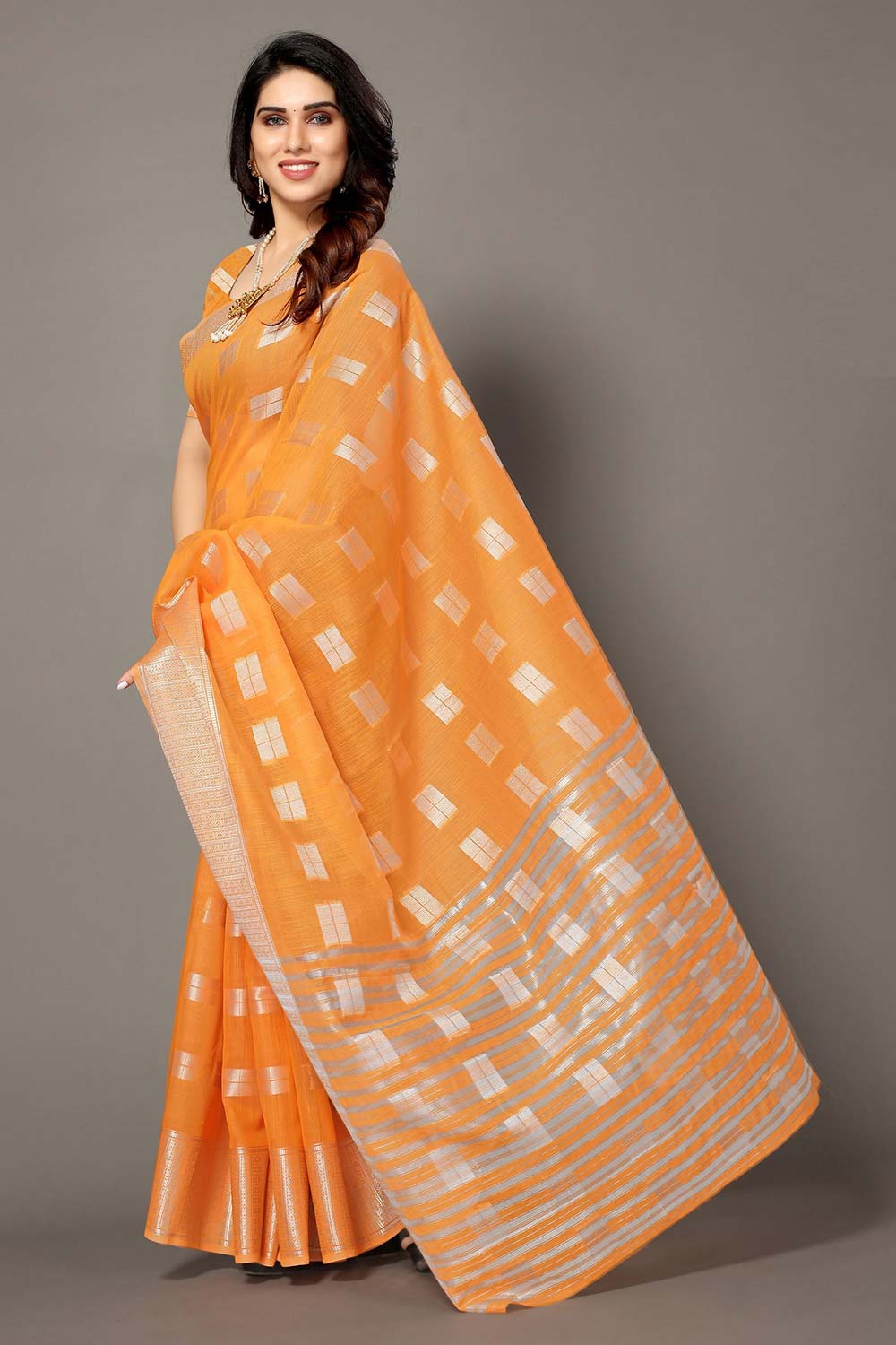 Orange Silk Blend Woven Saree