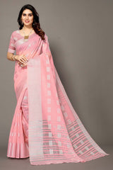 Pink Silk Blend Woven Saree