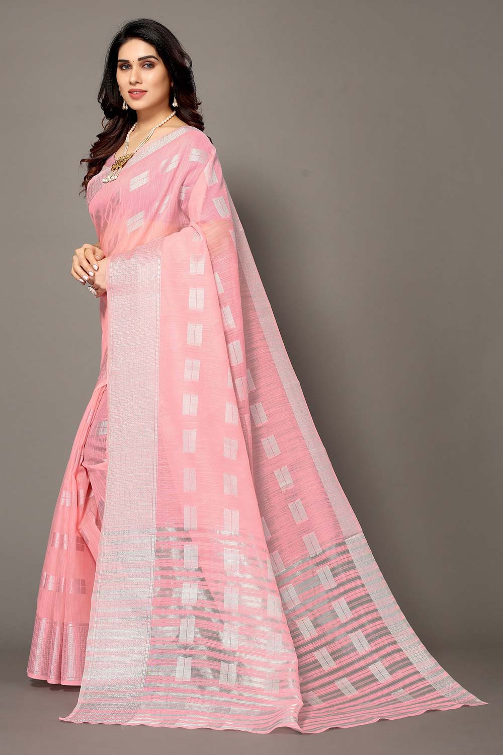 Pink Silk Blend Woven Saree