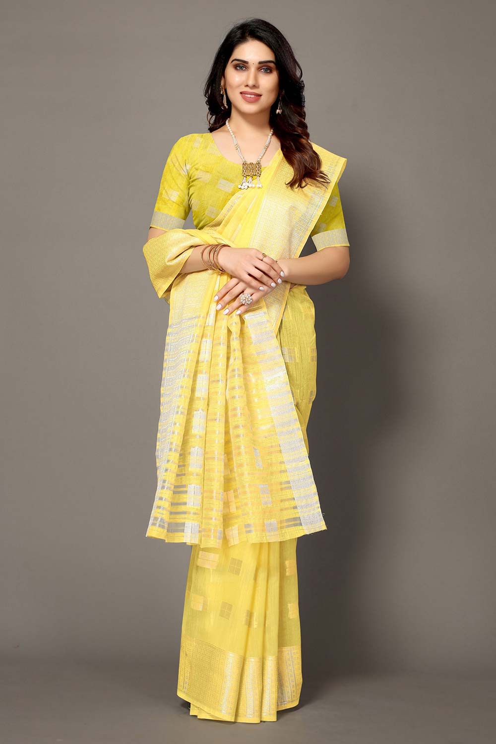 Yellow Silk Blend Woven Saree