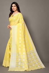 Yellow Silk Blend Woven Saree