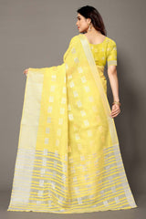 Yellow Silk Blend Woven Saree