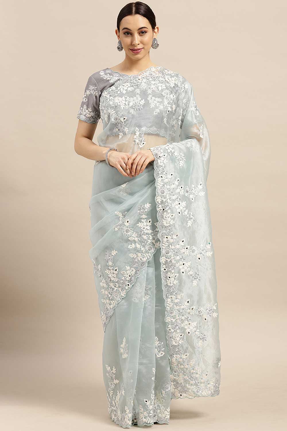 fabric-organza Embroidered Saree In Sea Green