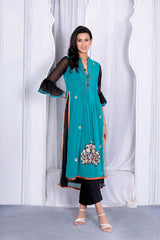 Green Embroidered Georgette Straight Cut Kurta Pants Set