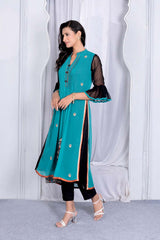 Green Embroidered Georgette Straight Cut Kurta Pants Set