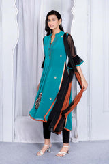 Blue Embroidered Georgette Stitched Straight Cut Trouser Kurta With Dupatta