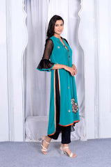 Blue Embroidered Georgette Stitched Straight Cut Trouser Kurti With Dupatta