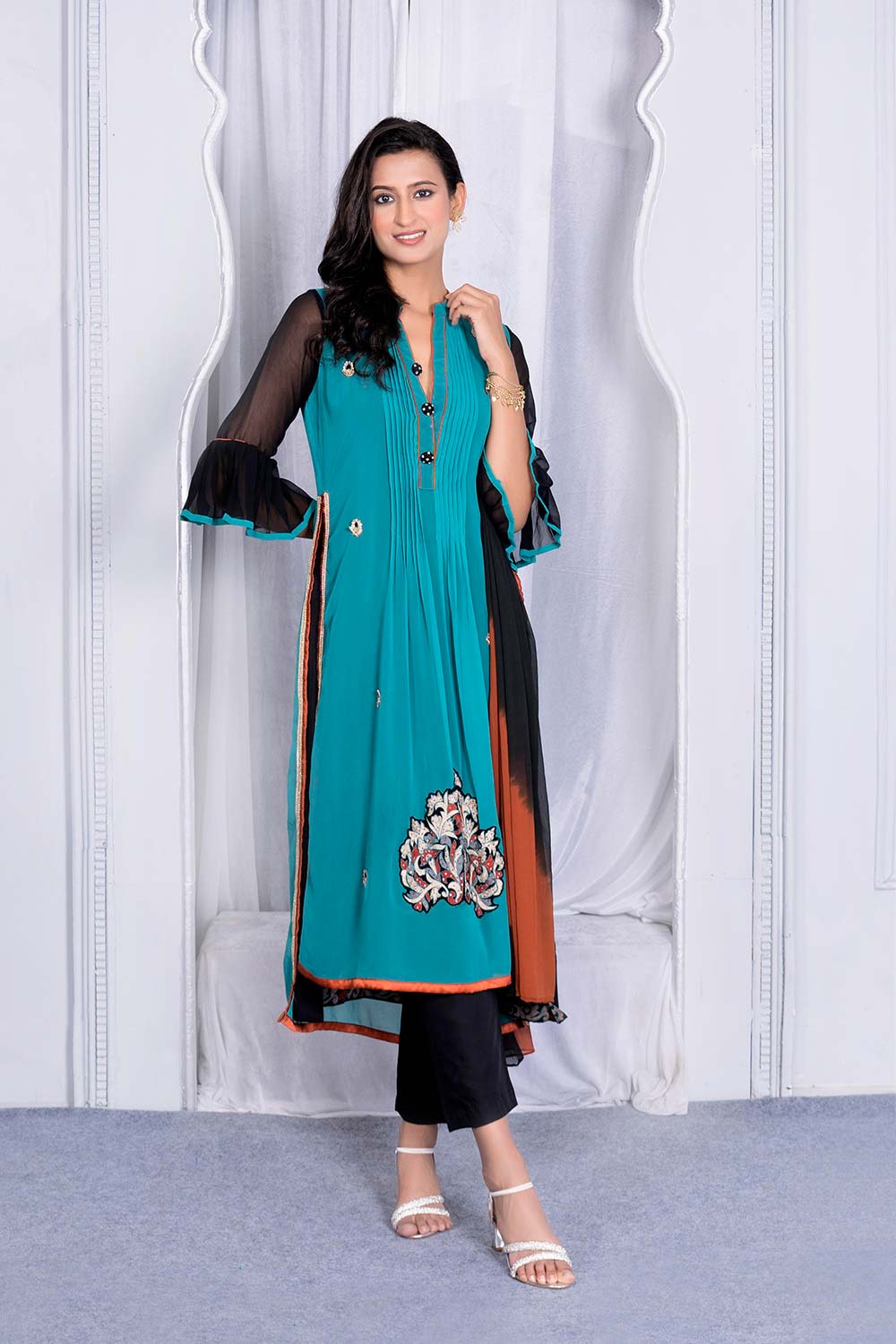 Blue Embroidered Georgette Stitched Straight Cut Trouser Kurti With Dupatta