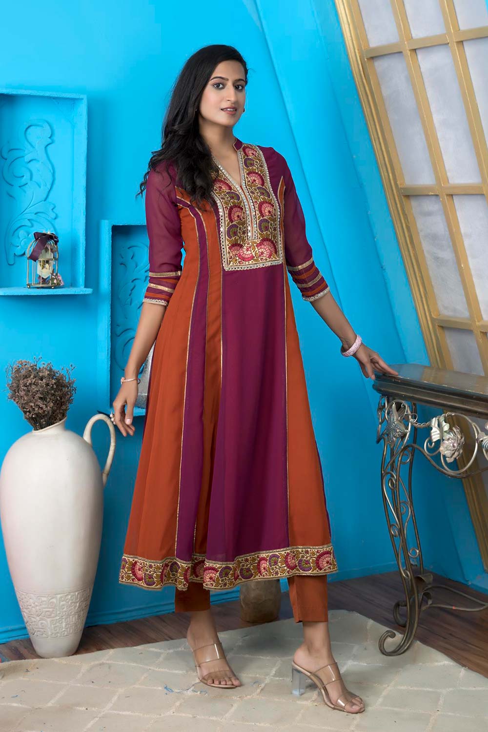 Magenta Embroidered Georgette Anarkali Kurta