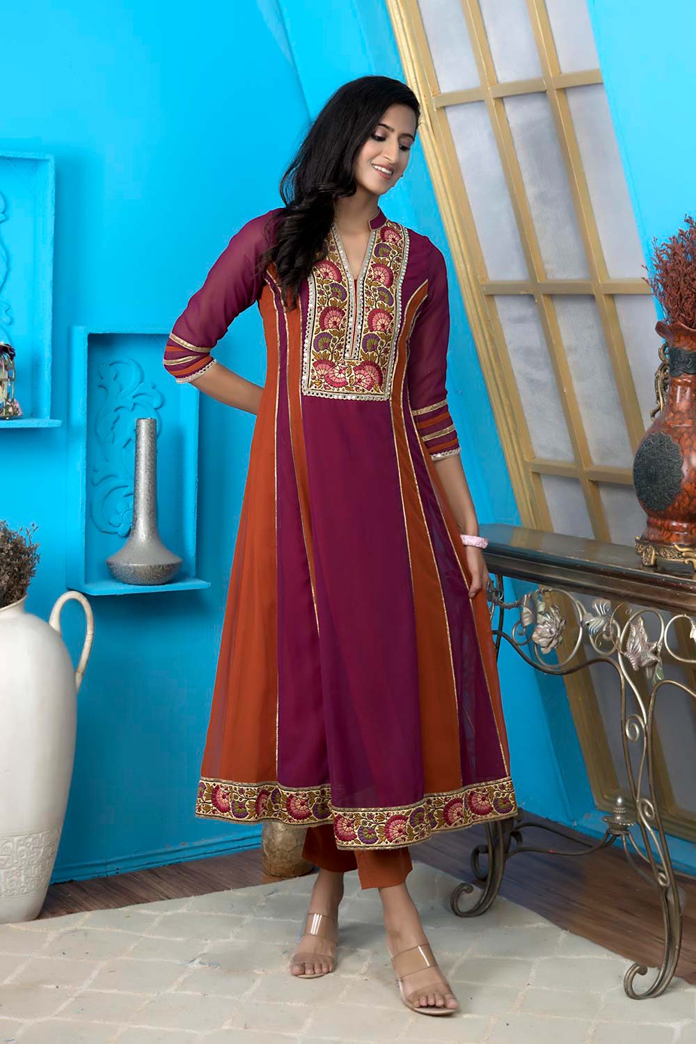 Magenta Embroidered Georgette Anarkali Kurta