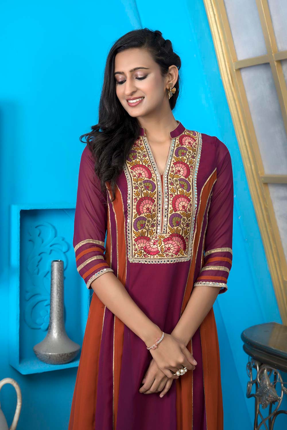 Magenta Embroidered Georgette Anarkali Kurti