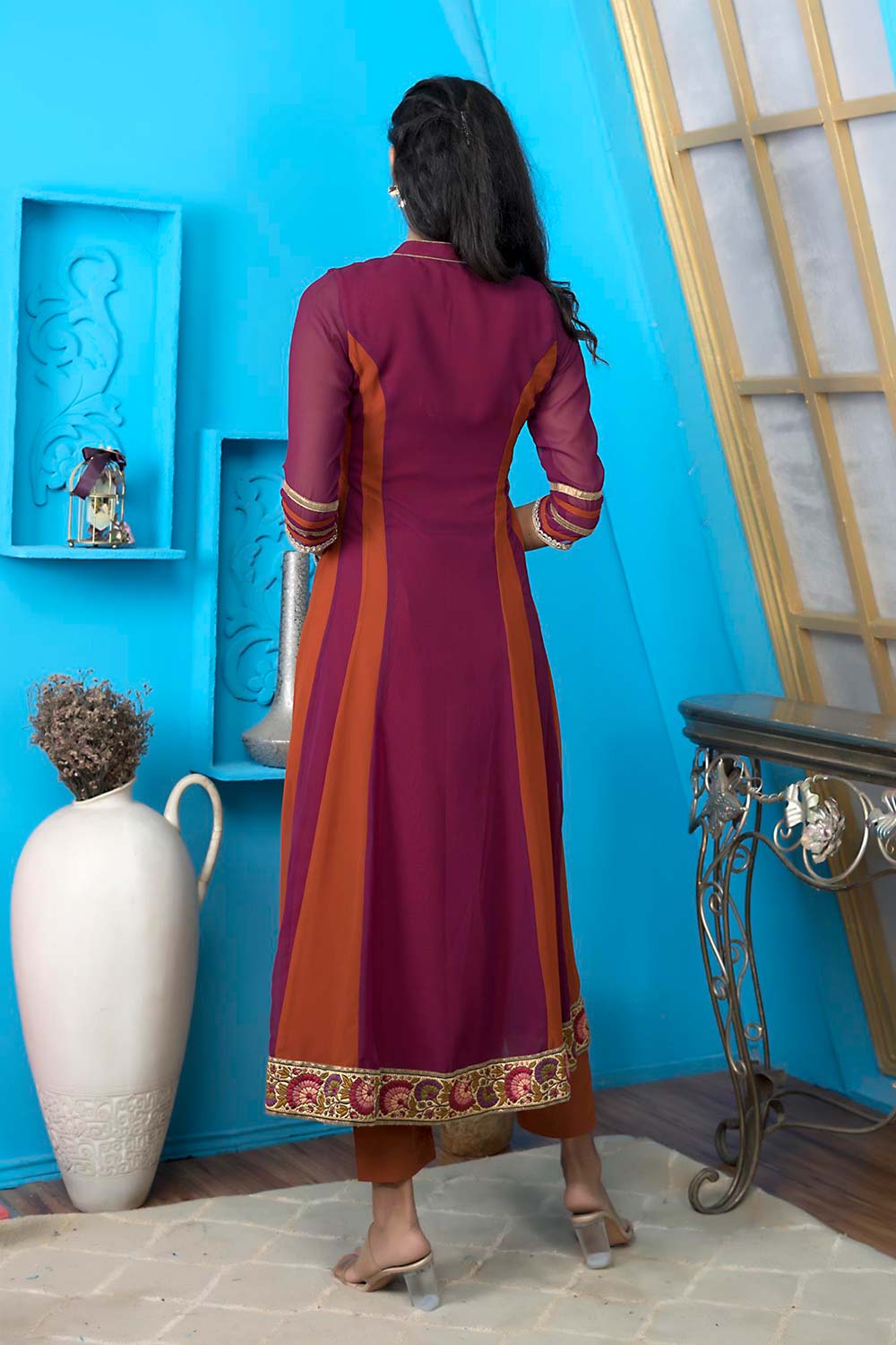 Magenta Embroidered Georgette Anarkali Kurti Pant Set