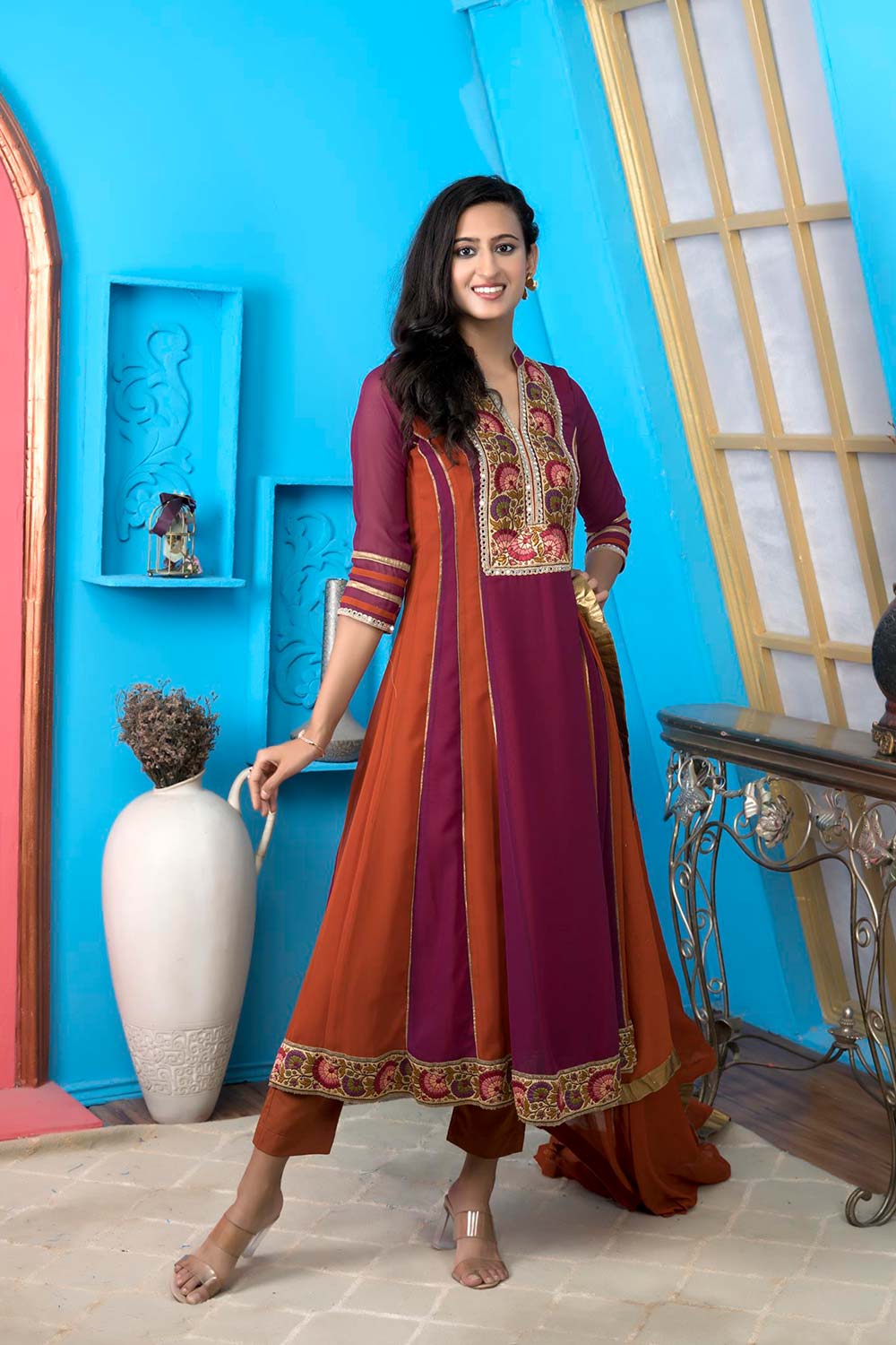 Magenta Georgette Stitched Anarkali Trouser Kurta Dupatta Readymade Suits