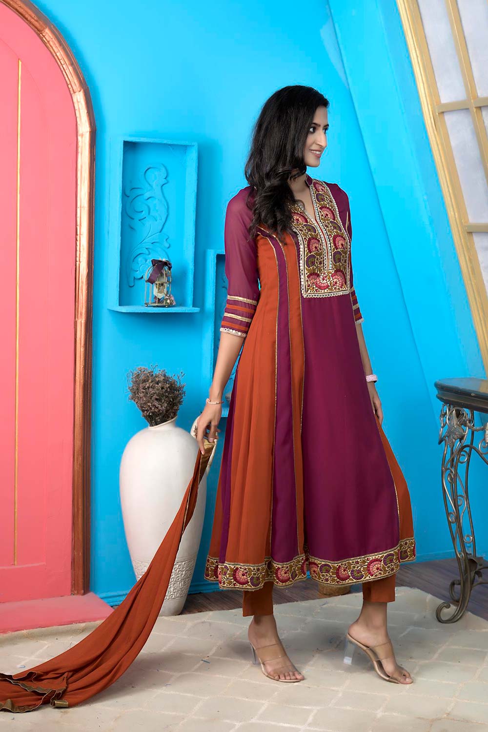 Magenta Georgette Stitched Anarkali Trouser Kurti Dupatta Readymade Suits