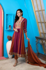 Magenta Georgette Stitched Anarkali Trouser Kurta Dupatta Readymade Suits