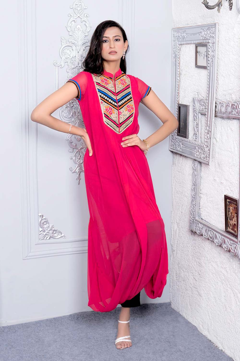 Pink Embroidered Georgette Asymmetrical Kurta Pants Set