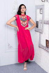 Pink Embroidered Georgette Asymmetrical Kurti Pant Set