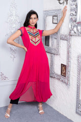 Pink Embroidered Georgette Asymmetrical Kurta Pants Set