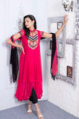 Pink Embroidered Georgette Stitched Trouser Kurta With Dupatta