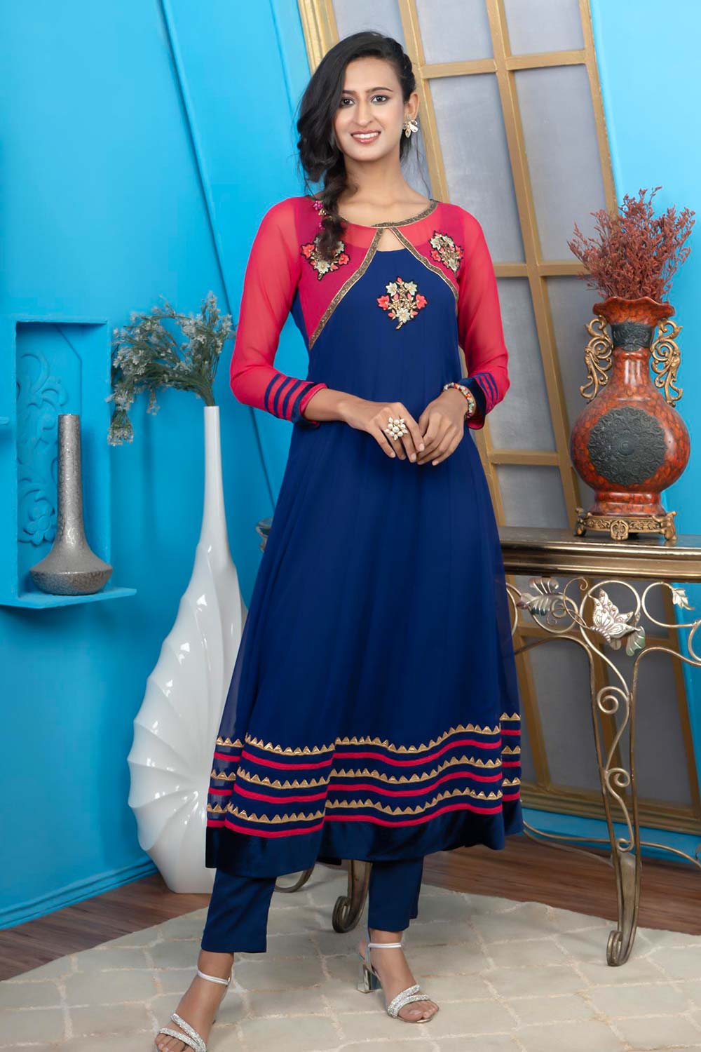 Blue Embroidered Georgette Anarkali Kurta