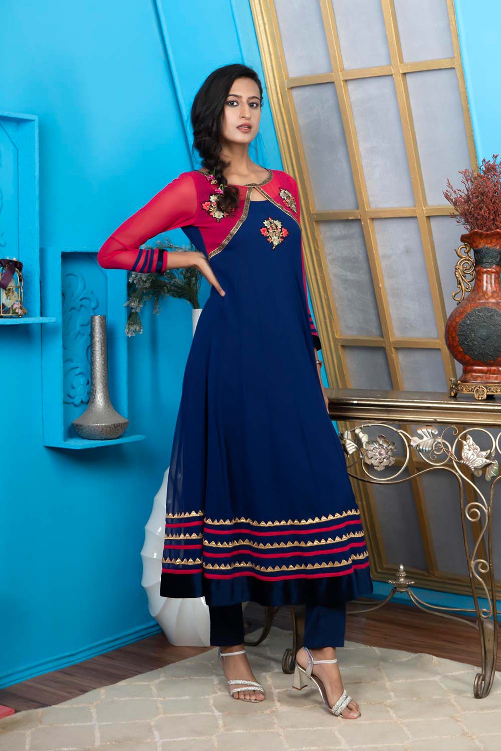 Blue Embroidered Georgette Anarkali Kurti