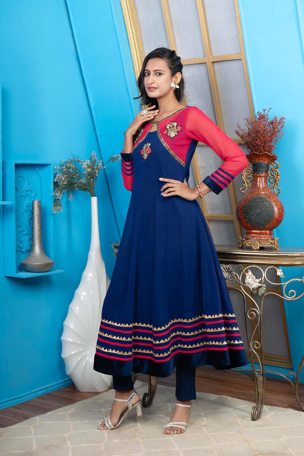 Blue Embroidered Georgette Anarkali Kurta