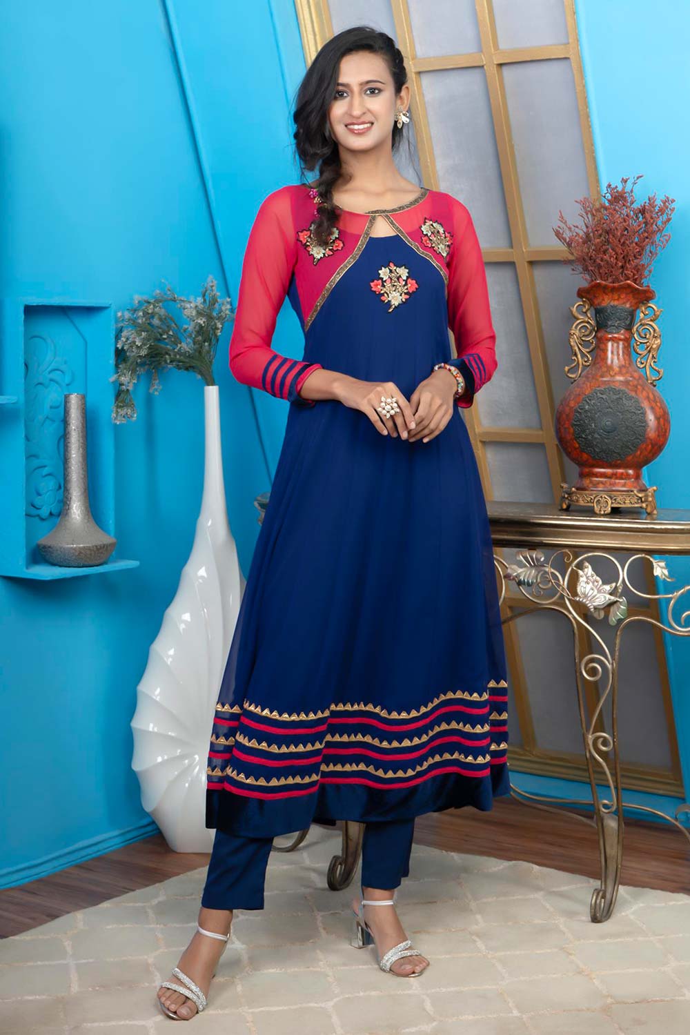 Blue Embroidered Georgette Anarkali Kurta Pants Set