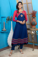 Blue Embroidered Georgette Anarkali Kurti Pant Set