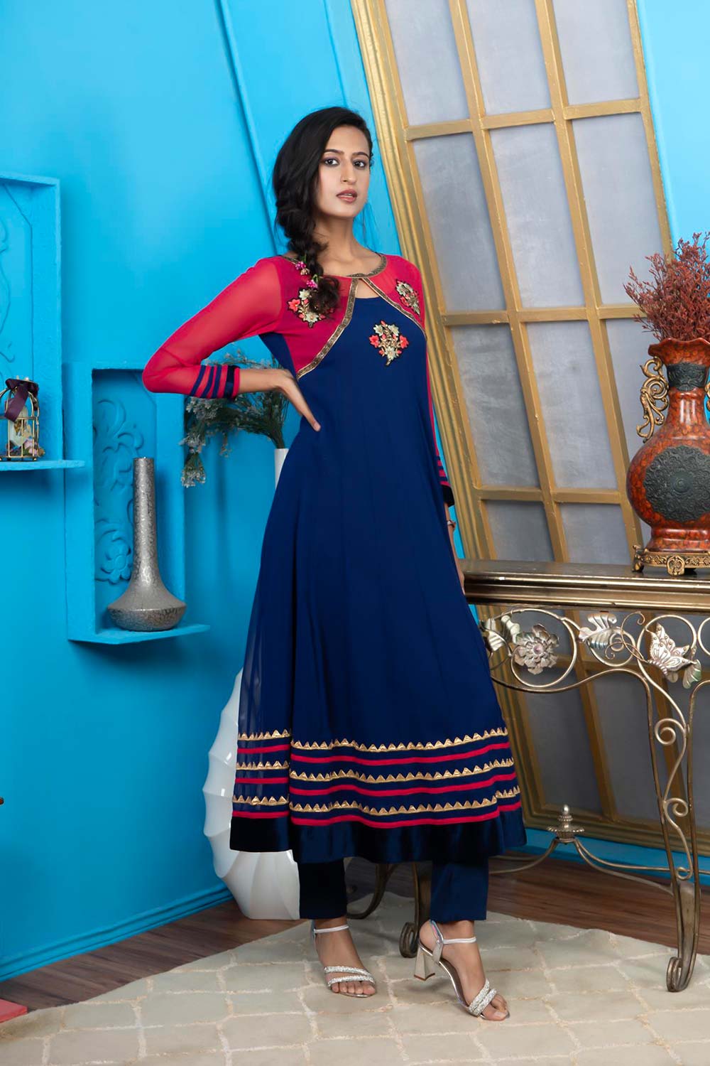 Blue Embroidered Georgette Anarkali Kurta Pants Set