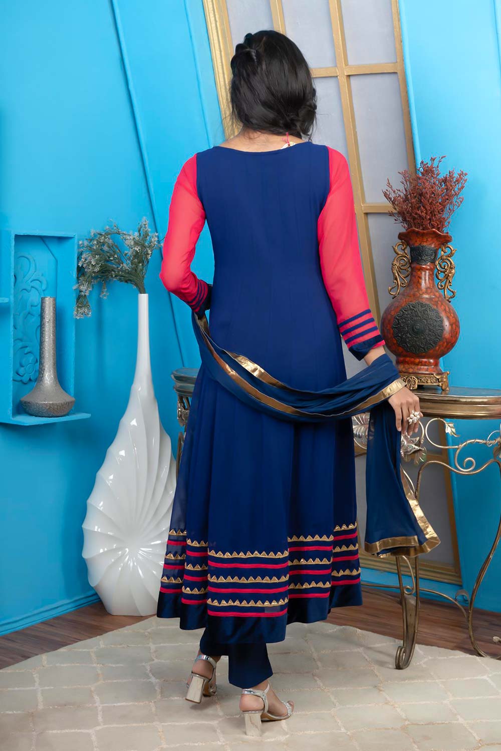 Blue Georgette Stitched Anarkali Trouser Kurta Dupatta Readymade Suits