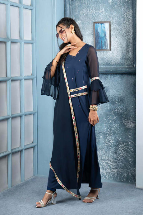 Navy Blue Embroidered Georgette Asymmetrical Kurti Pant Set