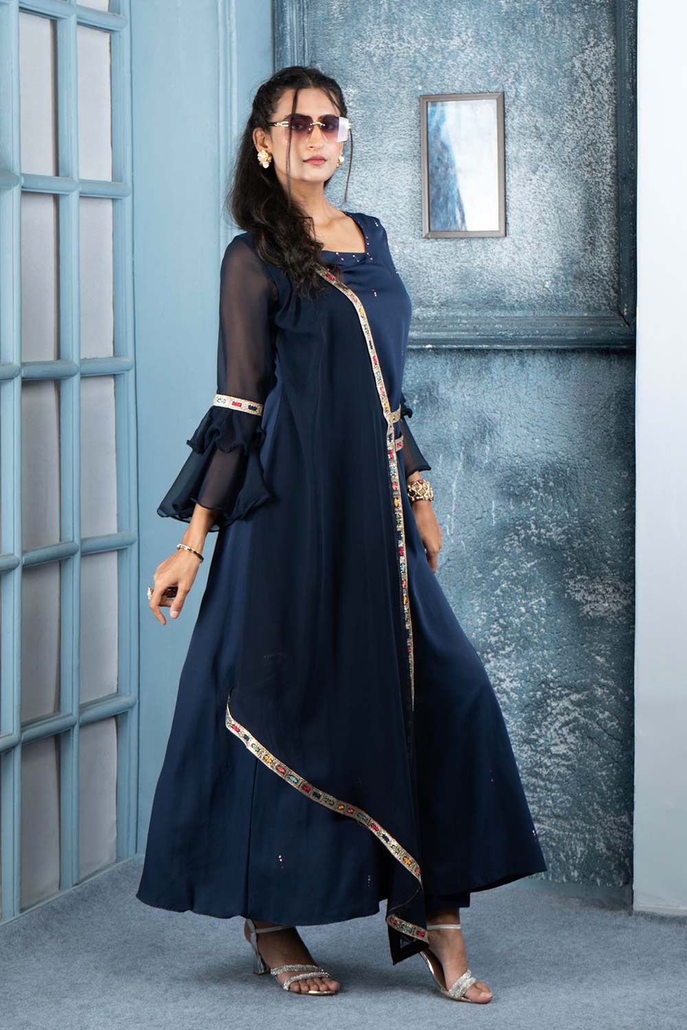 Navy Blue Embroidered Georgette Asymmetrical Kurta Pants Set