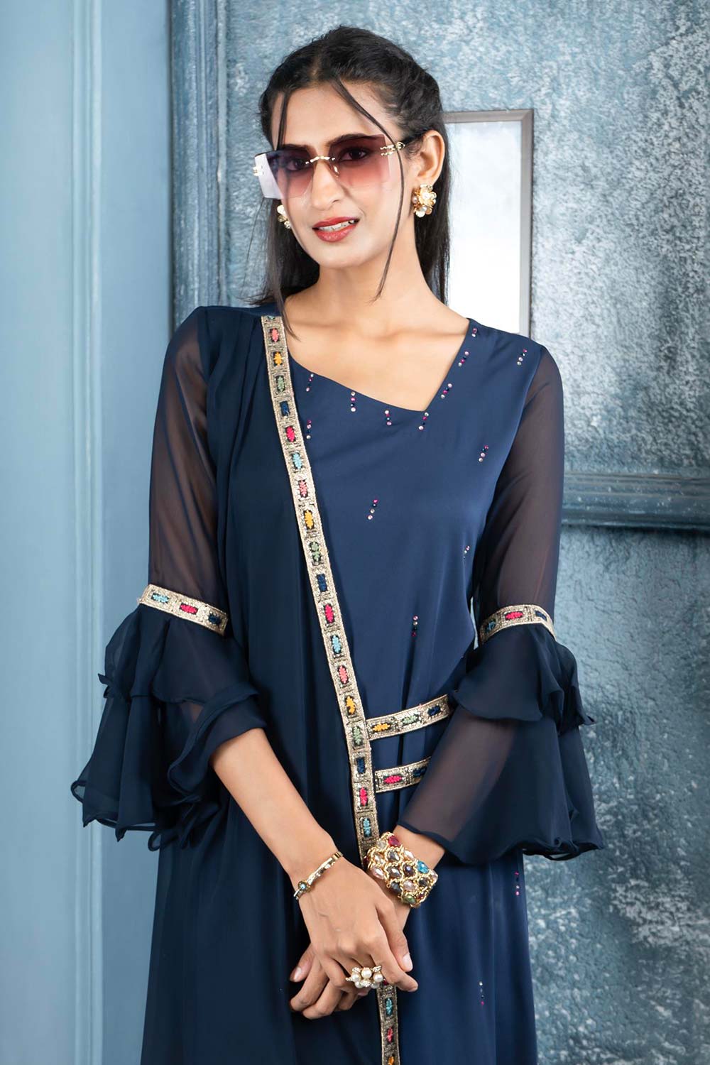 Navy Blue Embroidered Georgette Asymmetrical Kurta Pants Set