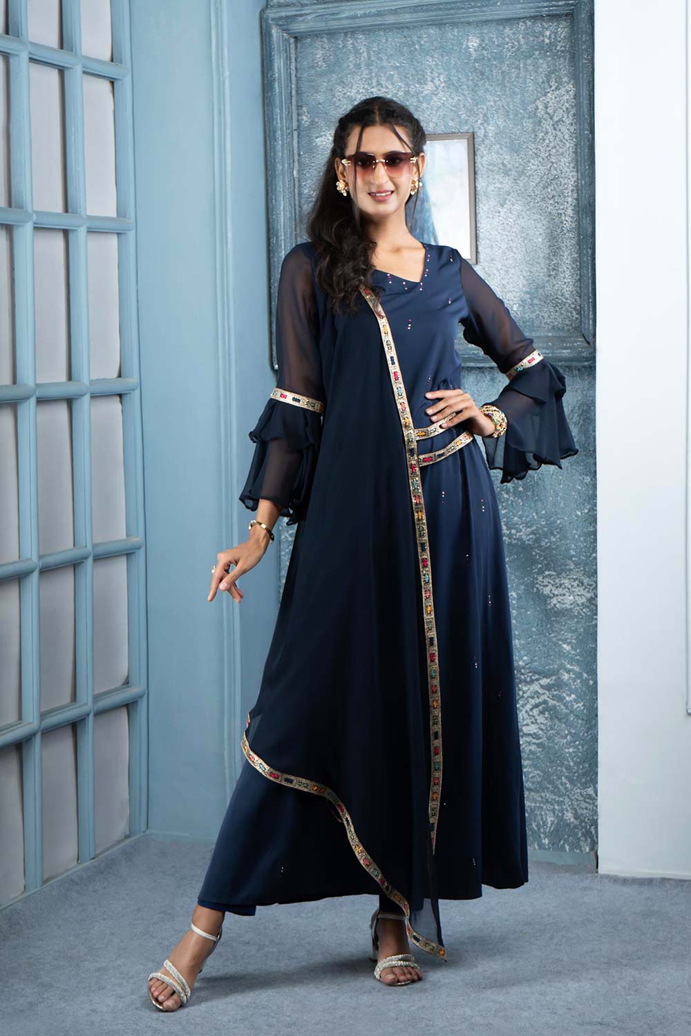 Navy Blue Embroidered Georgette Asymmetrical Kurta Pants Set