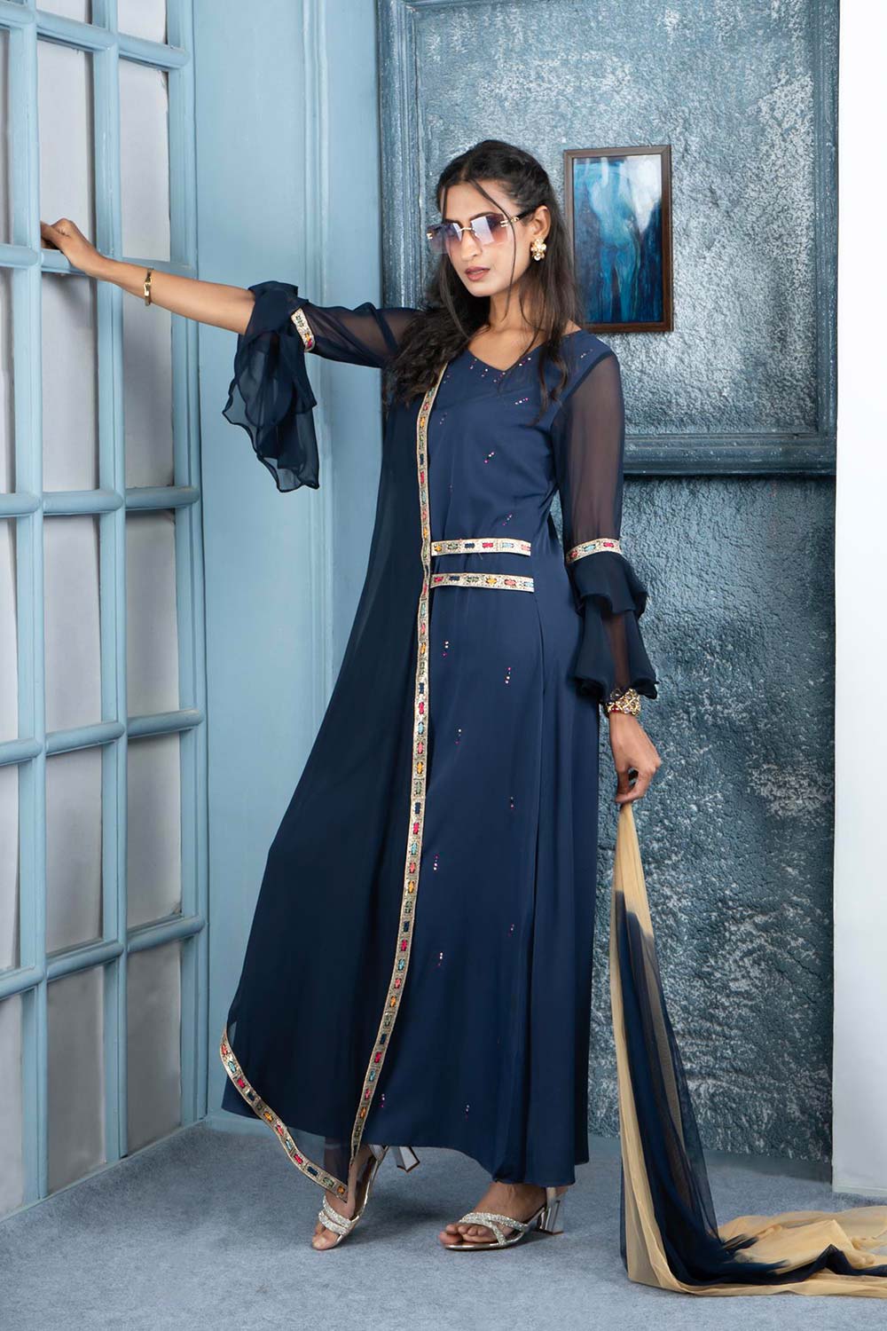 Navy Blue Embroidered Georgette Stitched Trouser Kurti With Dupatta