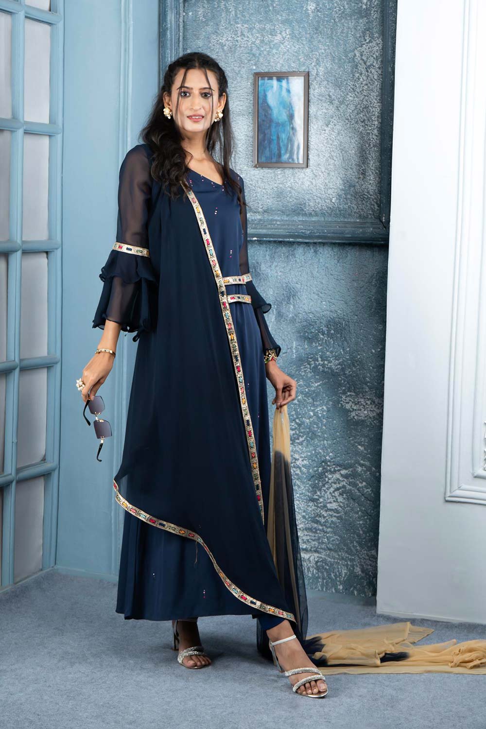 Navy Blue Embroidered Georgette Stitched Trouser Kurta With Dupatta