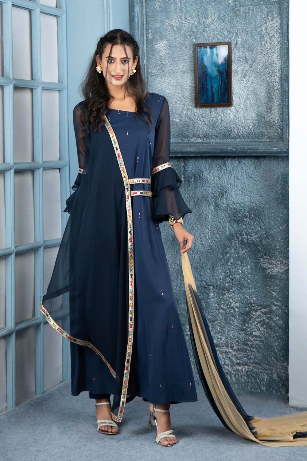 Navy Blue Embroidered Georgette Stitched Trouser Kurti With Dupatta