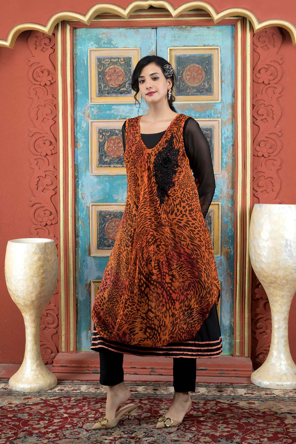 Orange Embroidered Georgette Asymmetrical Kurti Pant Set