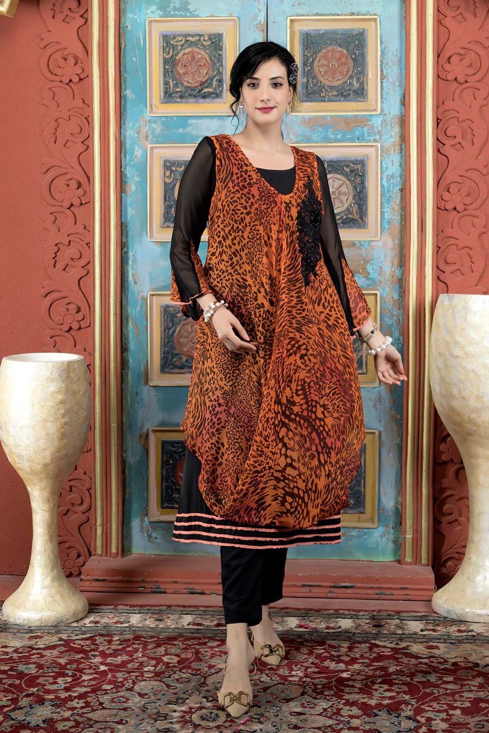 Orange Embroidered Georgette Asymmetrical Kurti Pant Set