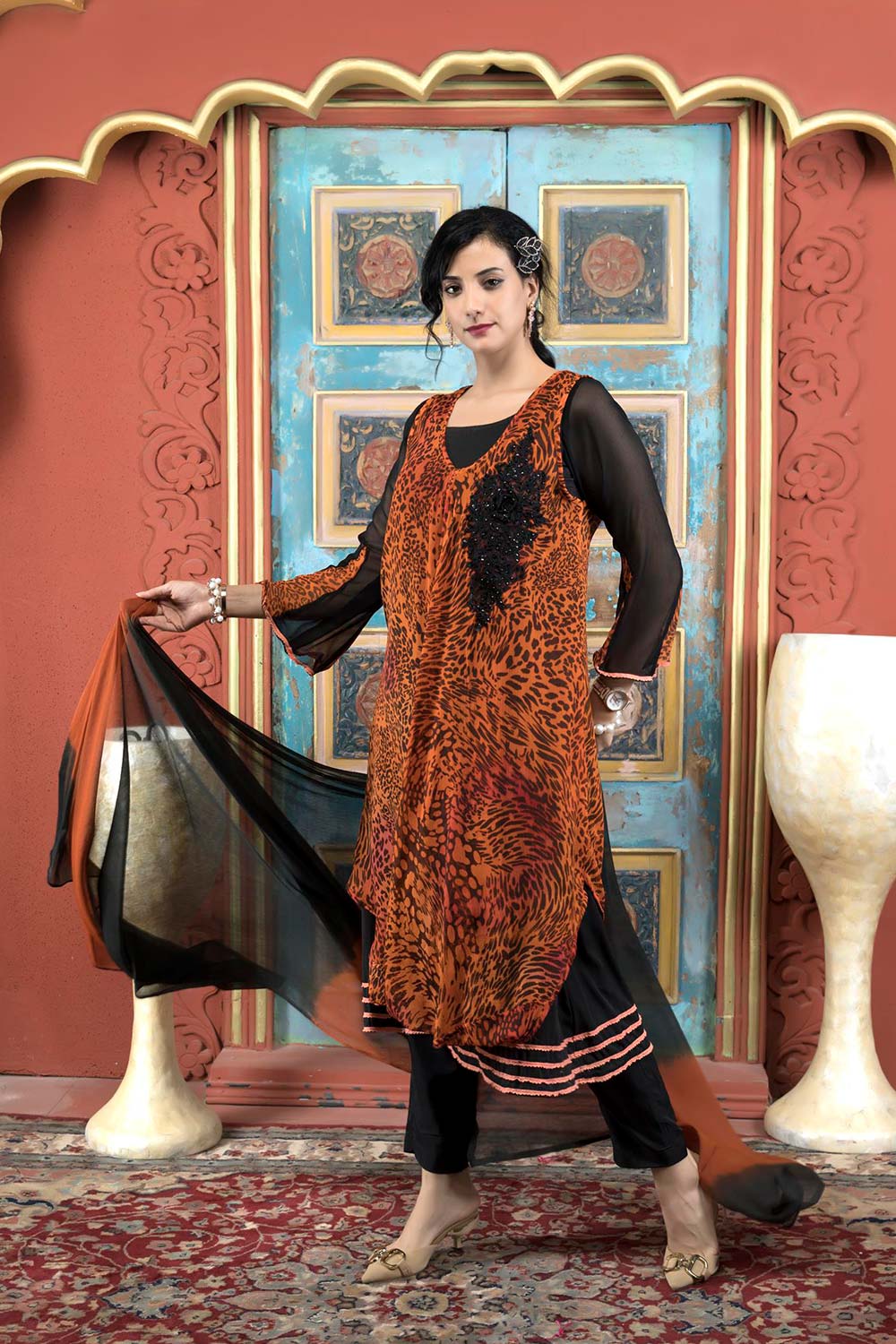 Orange Embroidered Georgette Stitched Trouser Kurti With Dupatta