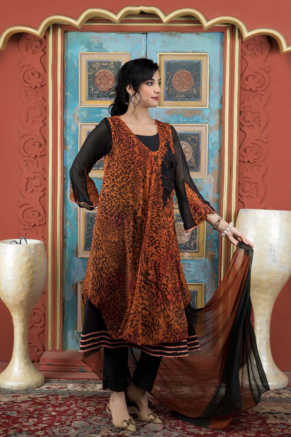 Orange Embroidered Georgette Stitched Trouser Kurti With Dupatta