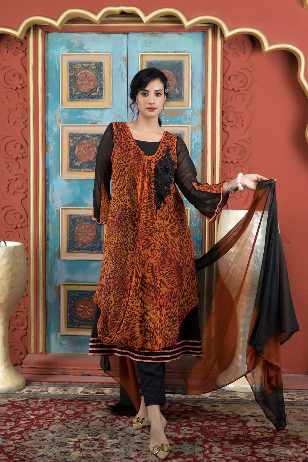 Orange Embroidered Georgette Stitched Trouser Kurti With Dupatta