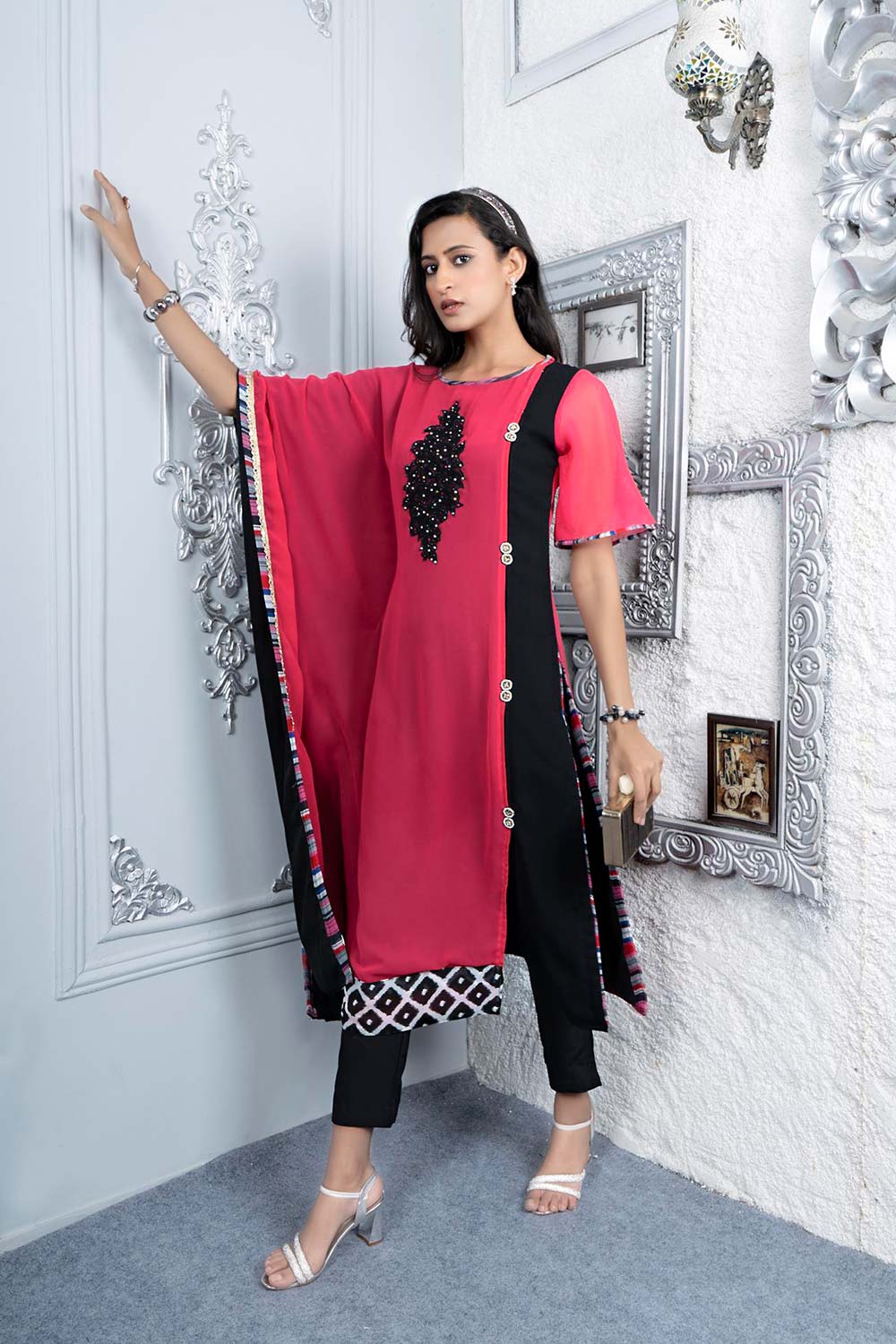 Pink Embroidered Georgette Asymmetrical Kurta