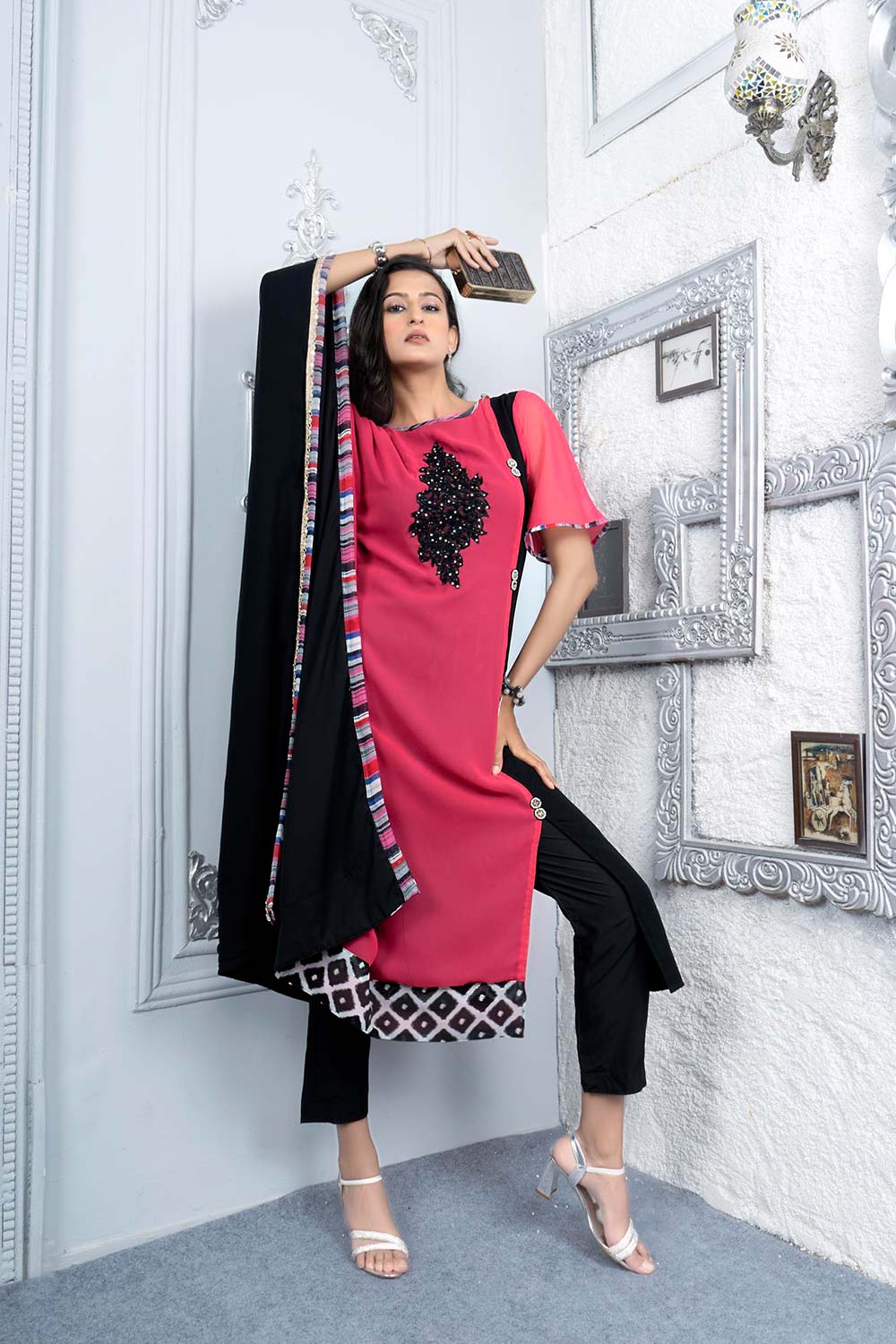 Pink Embroidered Georgette Asymmetrical Kurti