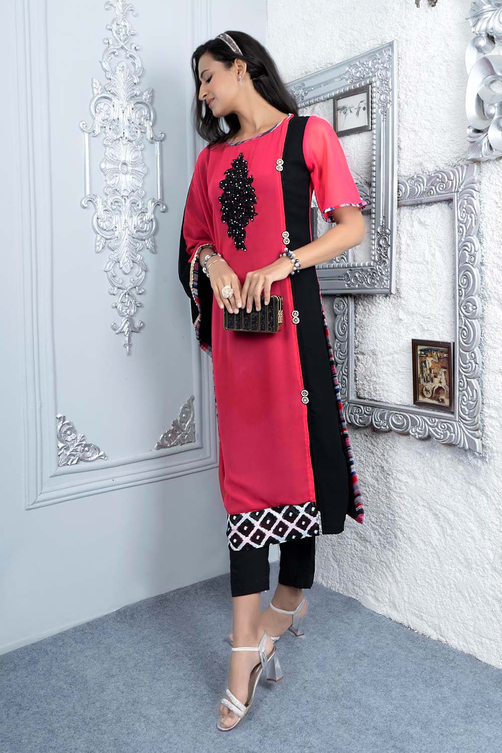 Pink Embroidered Georgette Asymmetrical Kurti