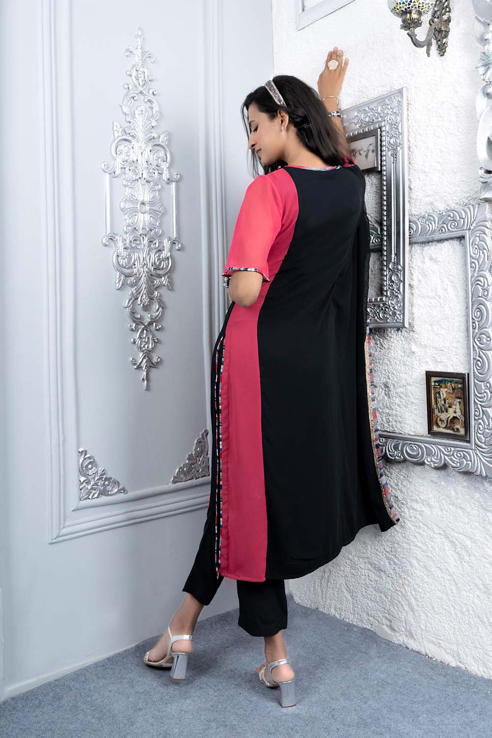 Pink Embroidered Georgette Asymmetrical Kurti