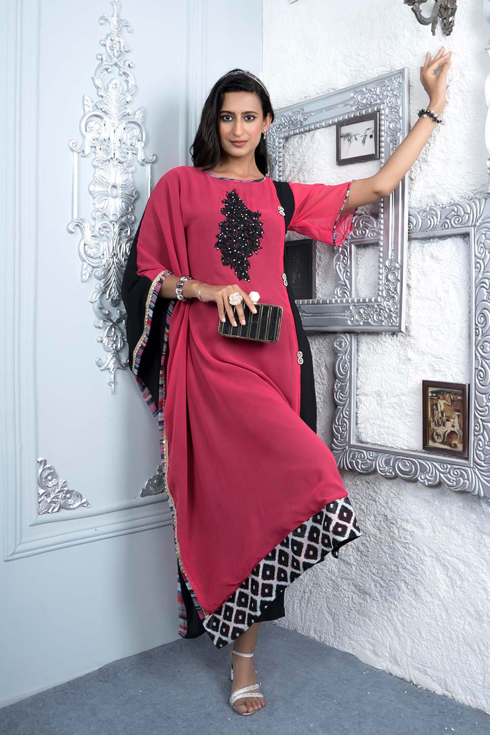 Pink Embroidered Georgette Asymmetrical Kurta