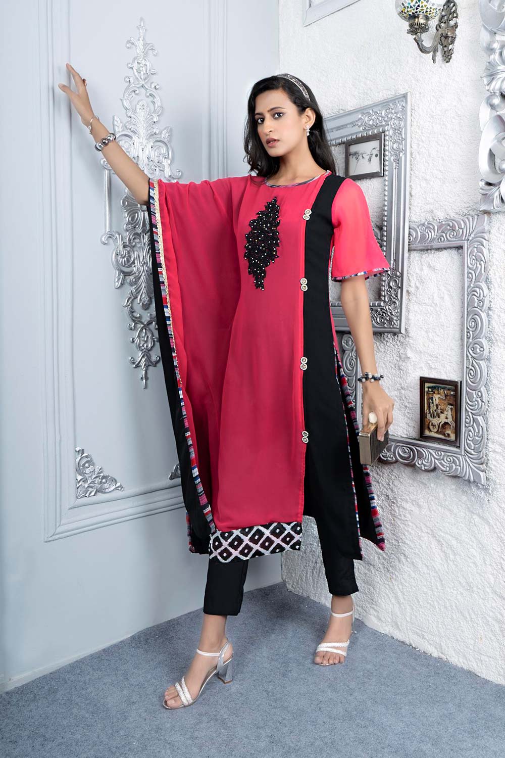 Pink Embroidered Georgette Asymmetrical Kurti Pant Set